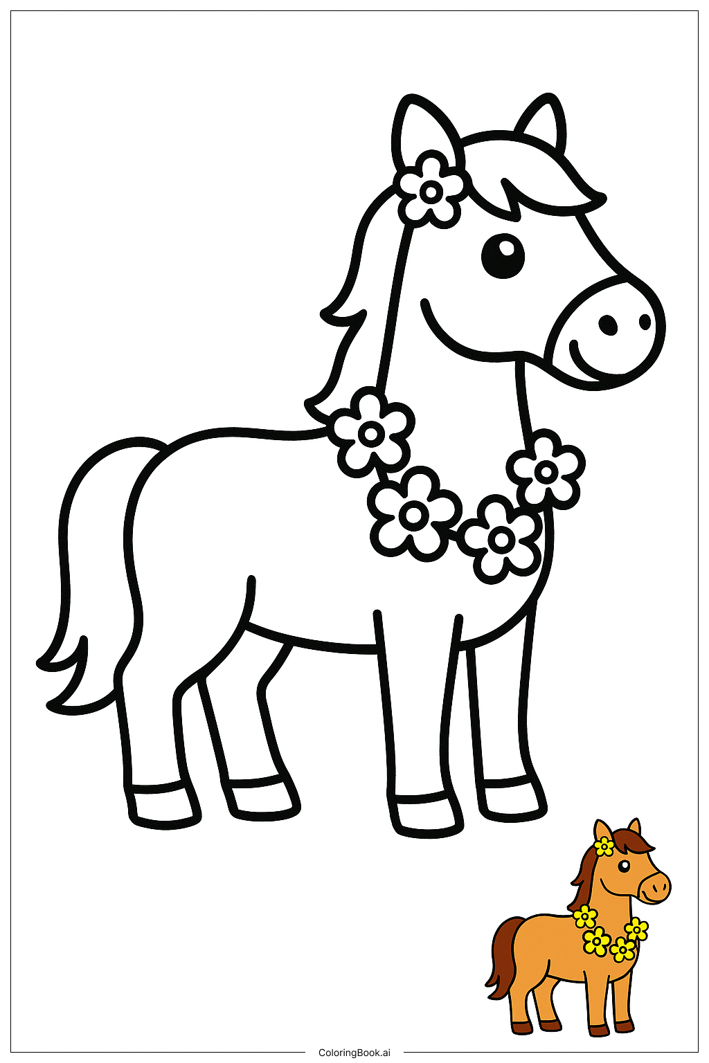  花冠をつけた馬の塗り絵ページ 