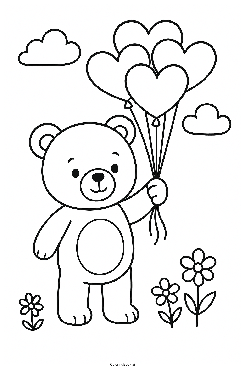  Teddy Bear Holding A Bouquet Of Heart Balloons Coloring Page 