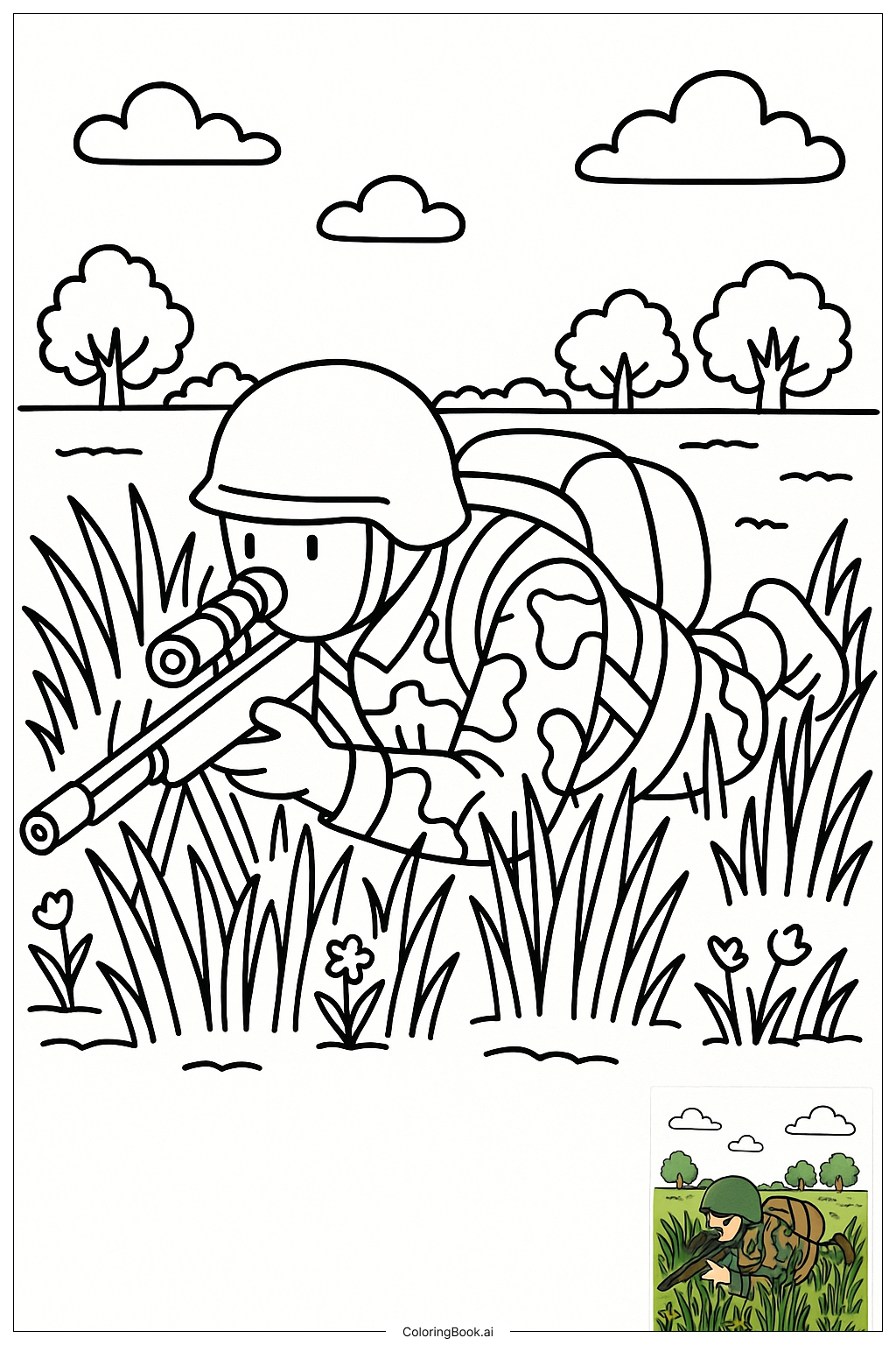 軍隊狙擊手藏身於草叢中著色頁