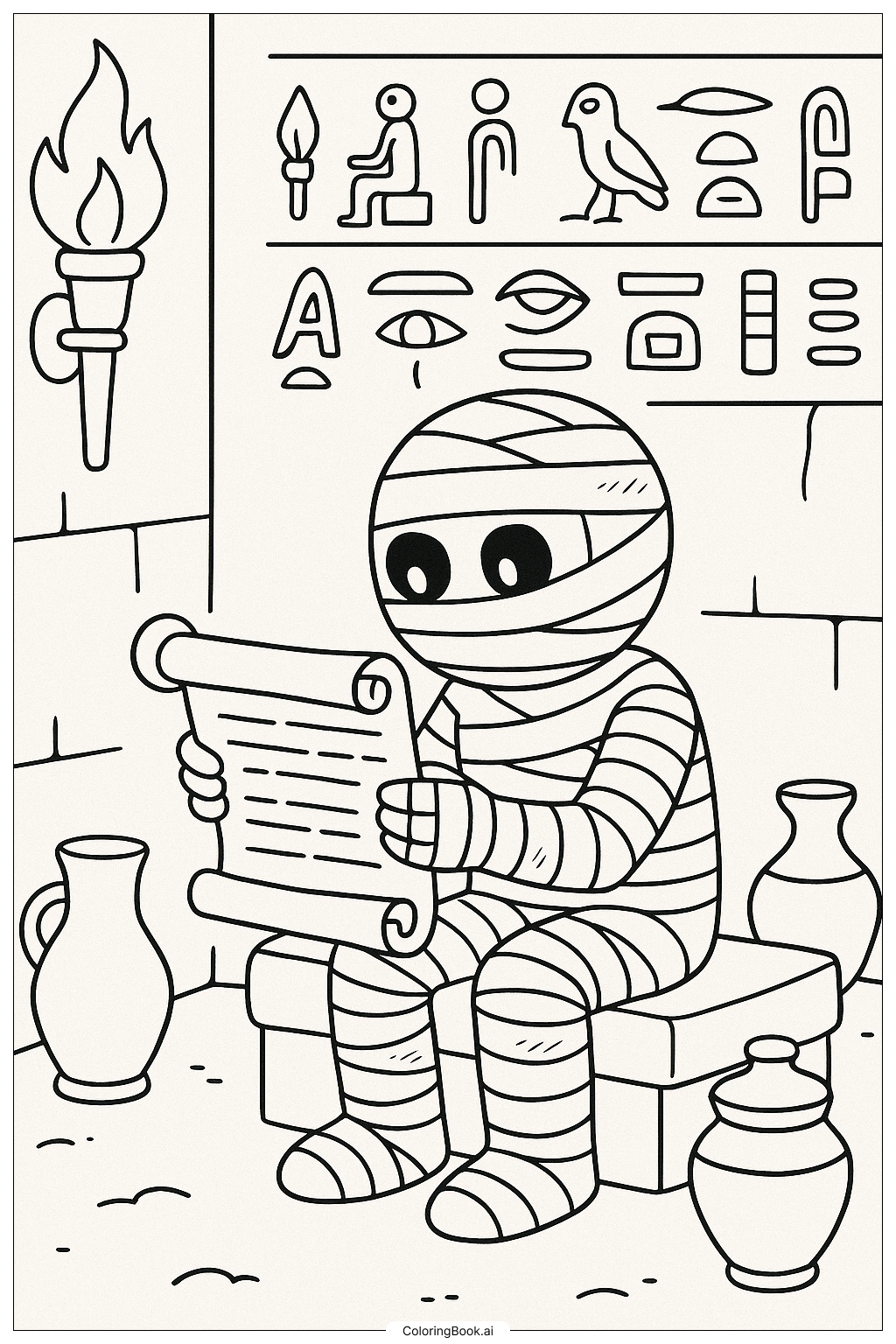  Mummy Reading An Ancient Papyrus Scroll Coloring Page 