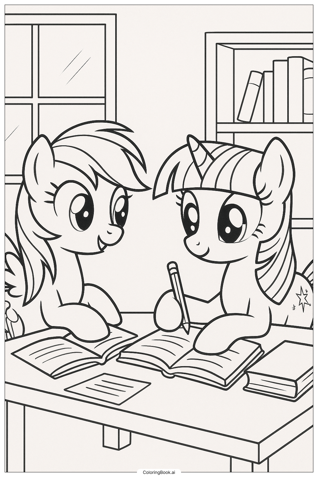  Página para colorear de Rainbow Dash y Twilight Sparkle estudiando 