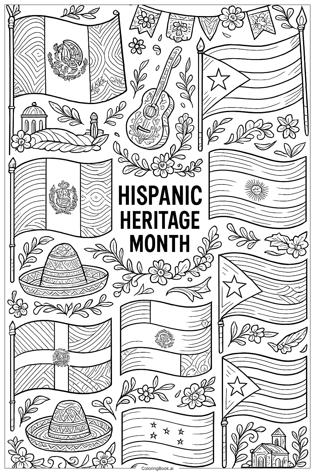  Eine Collage von Flaggen zum Hispanic Heritage Month Ausmalseite 