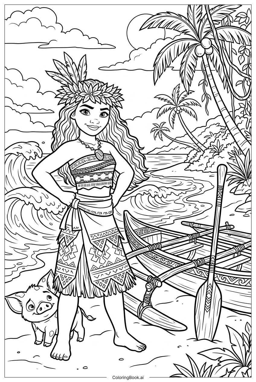  Moana Poses Confidently Beside Her Canoe Coloring Page 