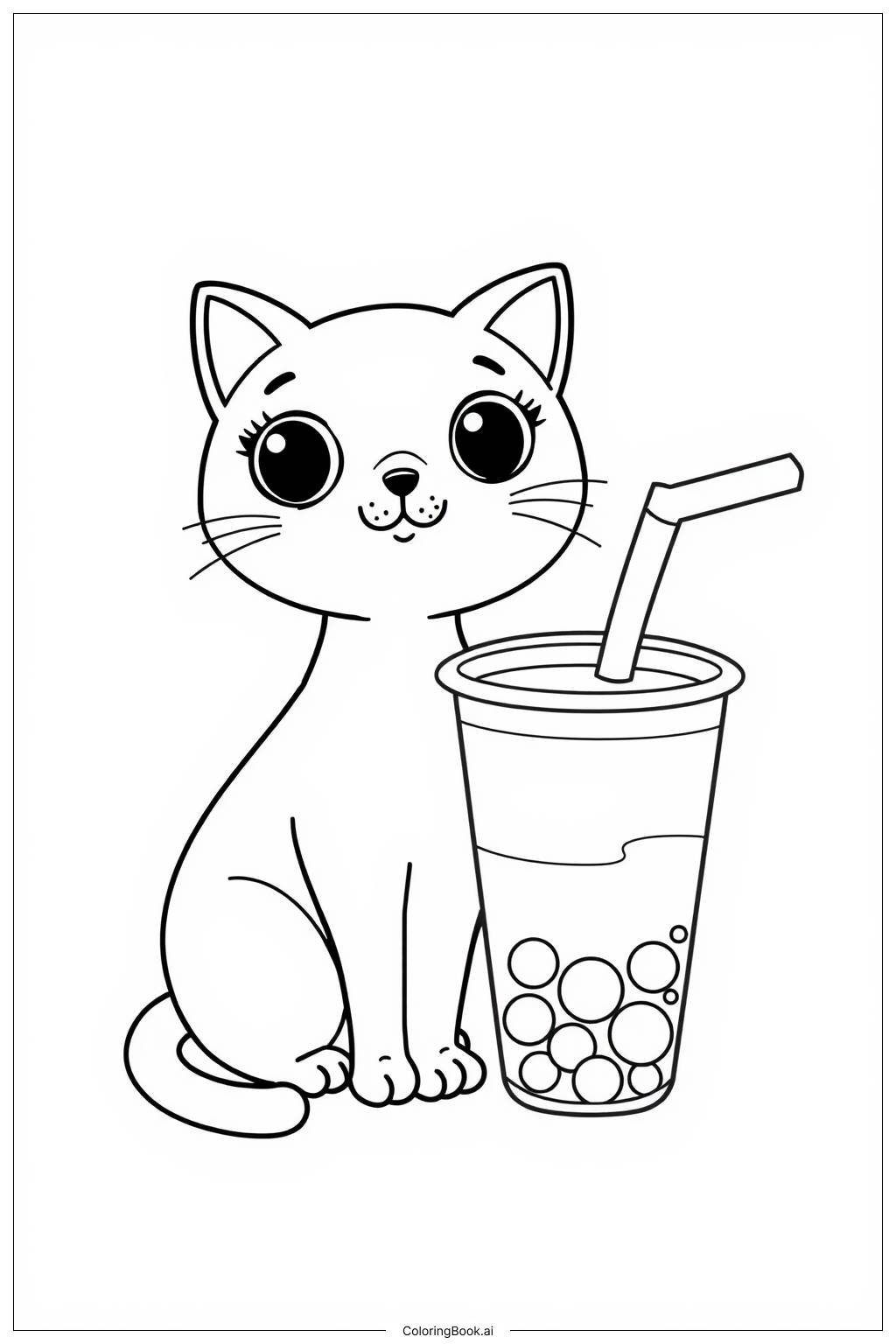  Cat with Boba Coloring Page 