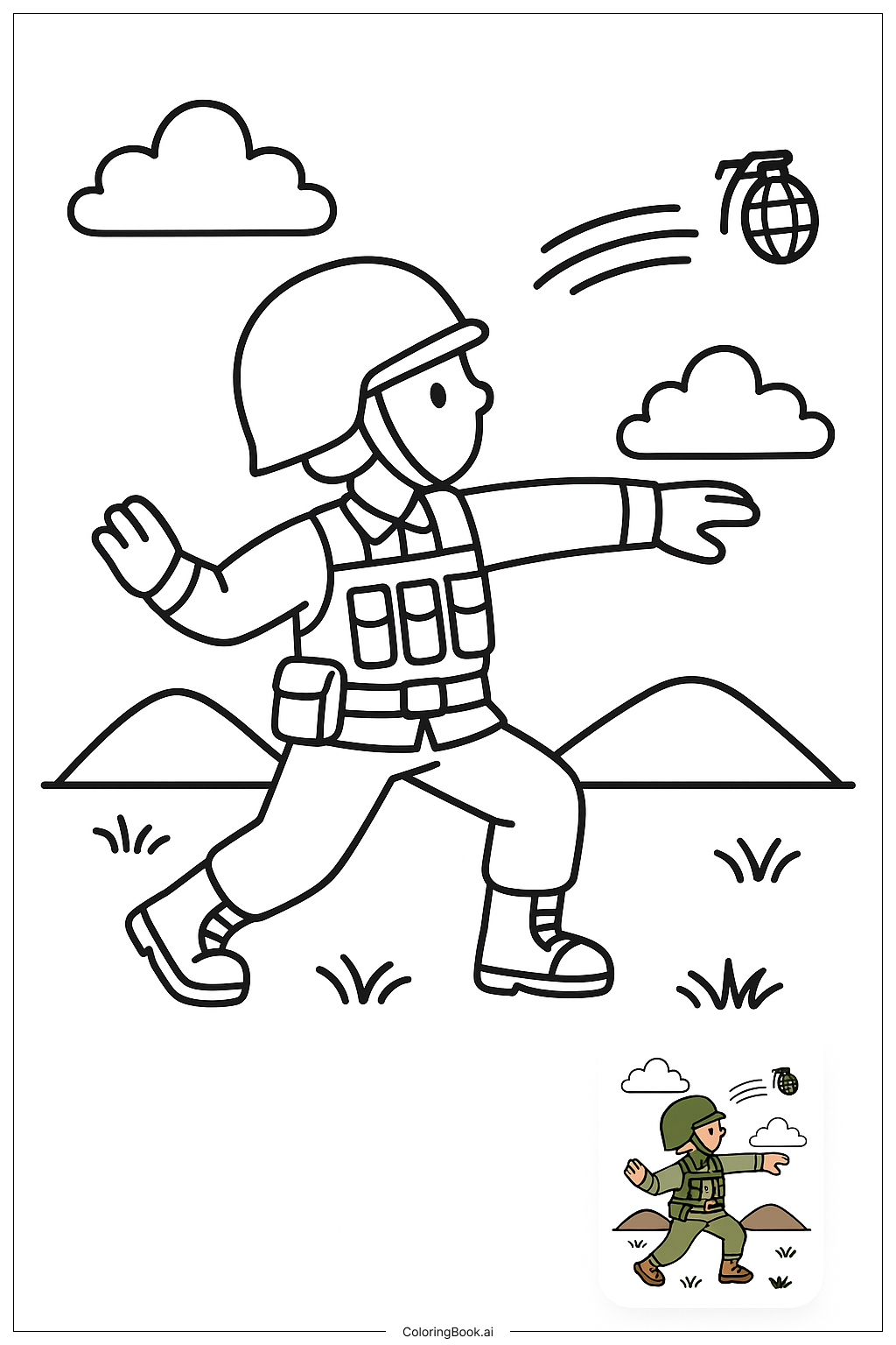  Page de coloriage Soldat de l'Armée lançant une grenade 