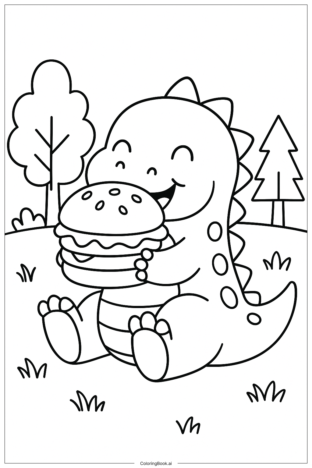  Page de coloriage Un mignon dinosaure mangeant un hamburger 