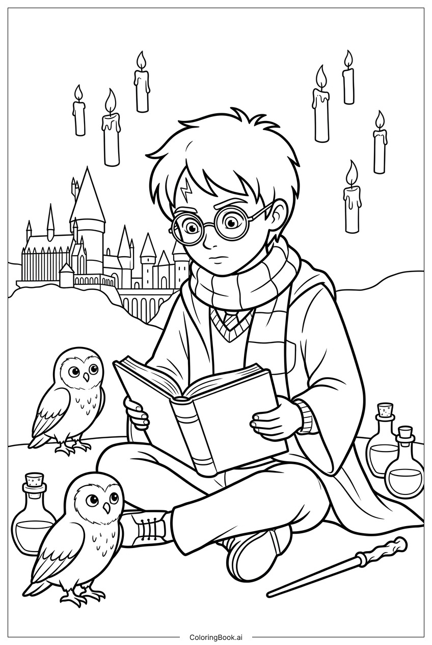 Harry Potter studying spells by floating candles Coloring Page