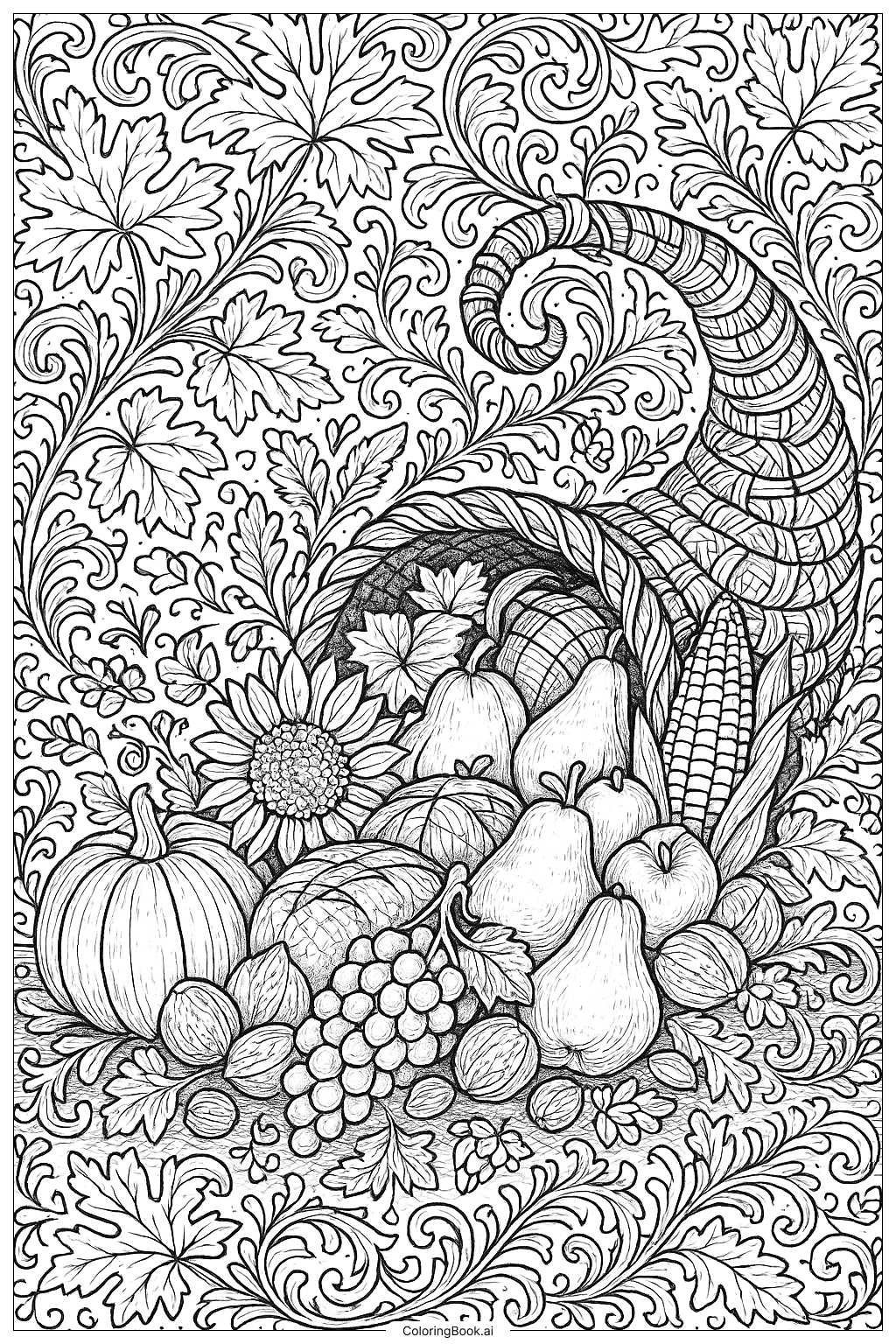  Trang tô màu Elaborate Cornucopia Overflowing With A Feast 