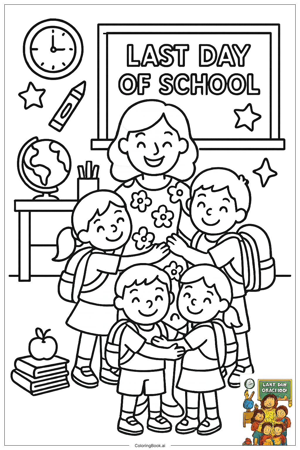  Last Day Of School Kids Hugging Teacherの塗り絵ページ 