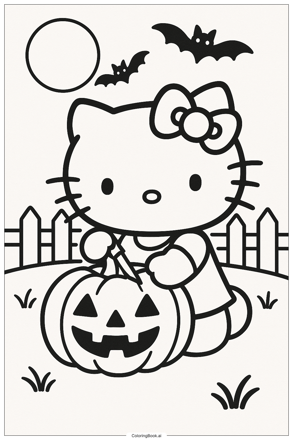  Página para colorir de Hello Kitty esculpindo uma abóbora 