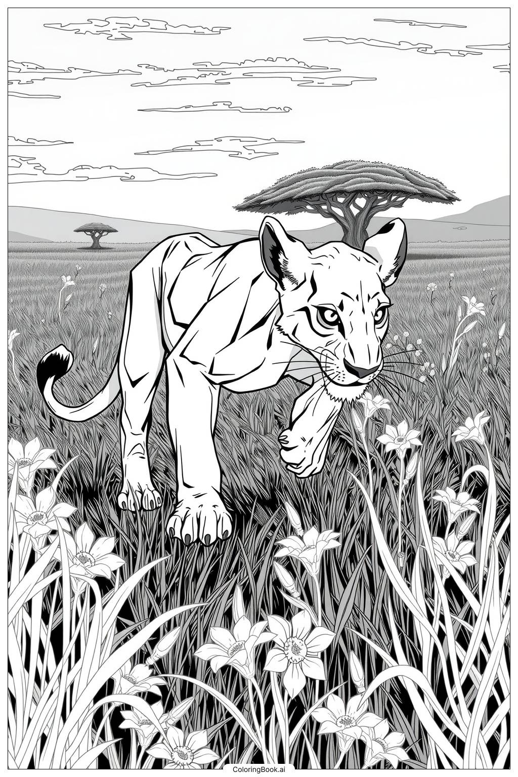  Page de coloriage Nala du Roi Lion chassant dans la savane 