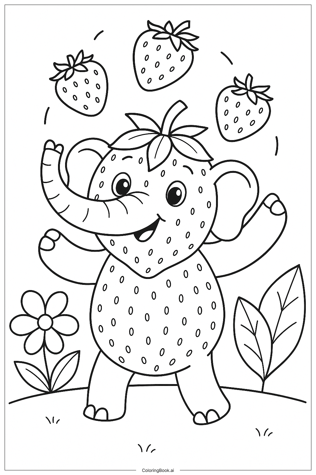  草莓大象杂技抛草莓填色页 