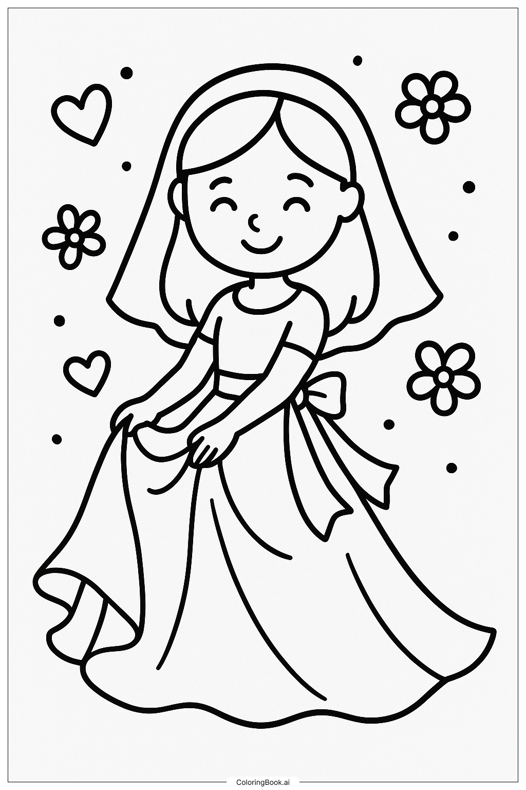  美しい流れるようなウェディングドレスの塗り絵ページ 