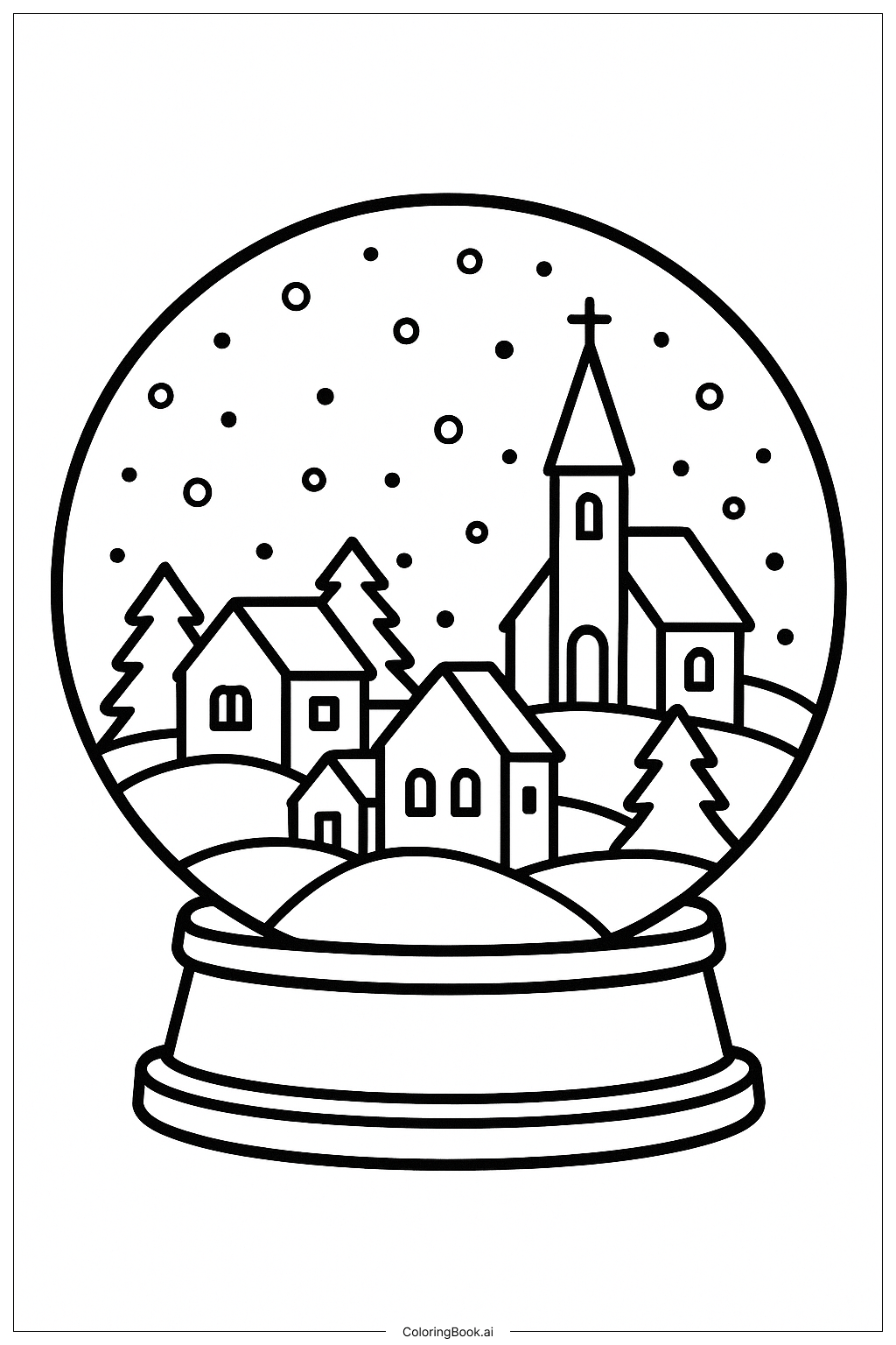 村のあるスノードームの塗り絵ページ