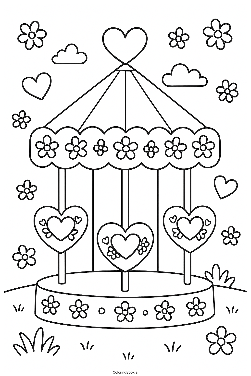  A Carousel With Hearts and Flowers Coloring Page 
