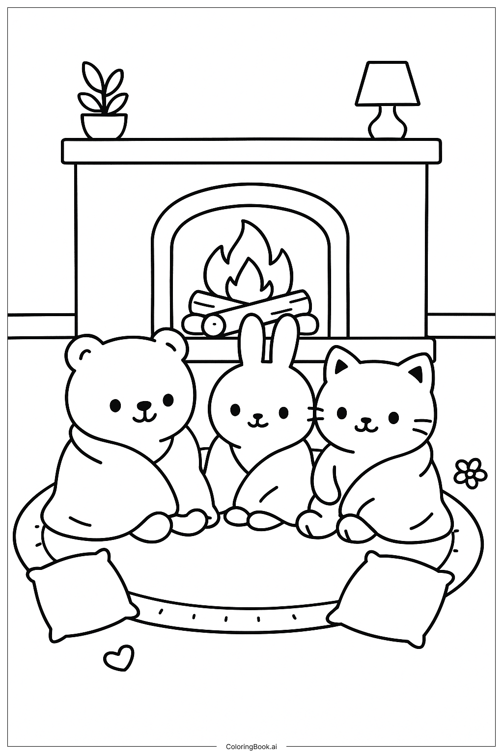 Cozy Friends By The Fireplace Coloring Page