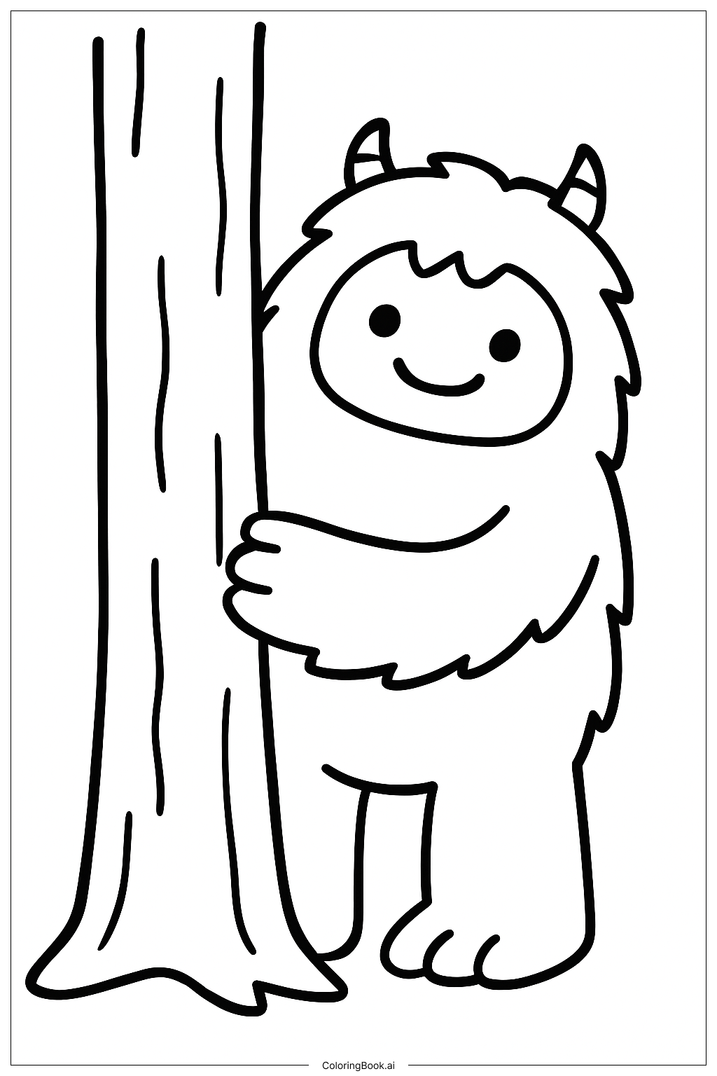  Page de coloriage Yéti qui regarde derrière un arbre 