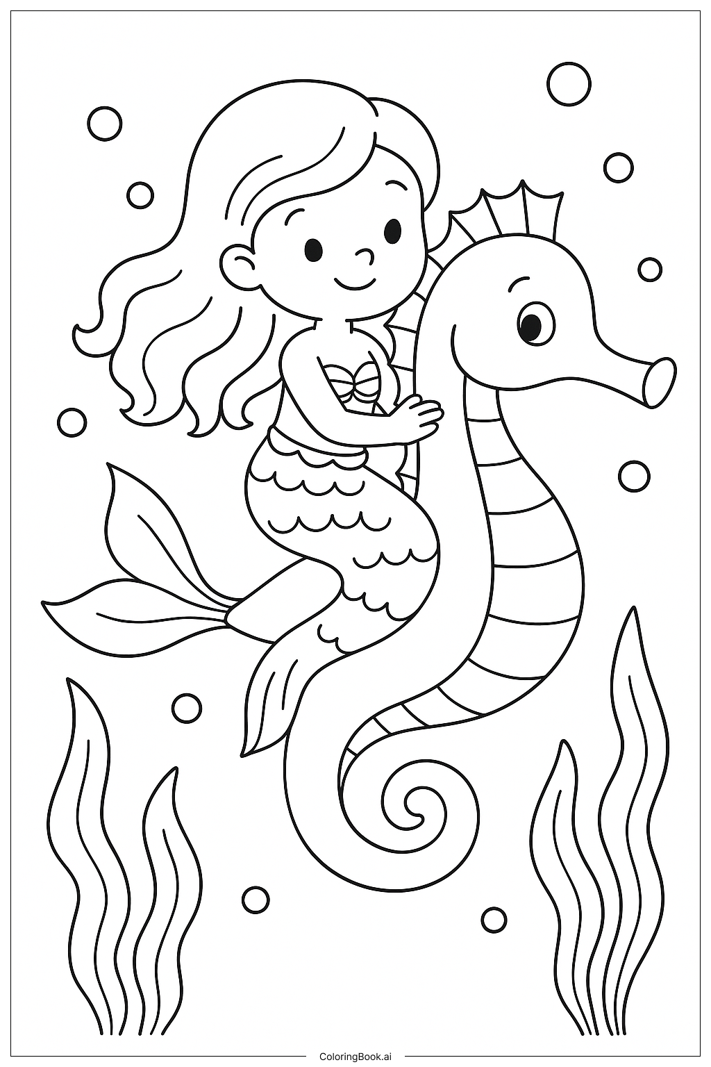 Página para colorear de Una sirena montando un caballito de mar gigante