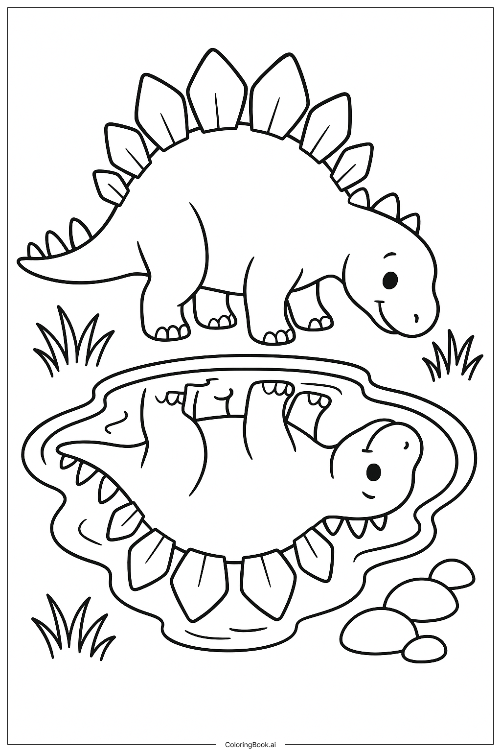 Stegosaurus, der sein Spiegelbild betrachtet Ausmalseite