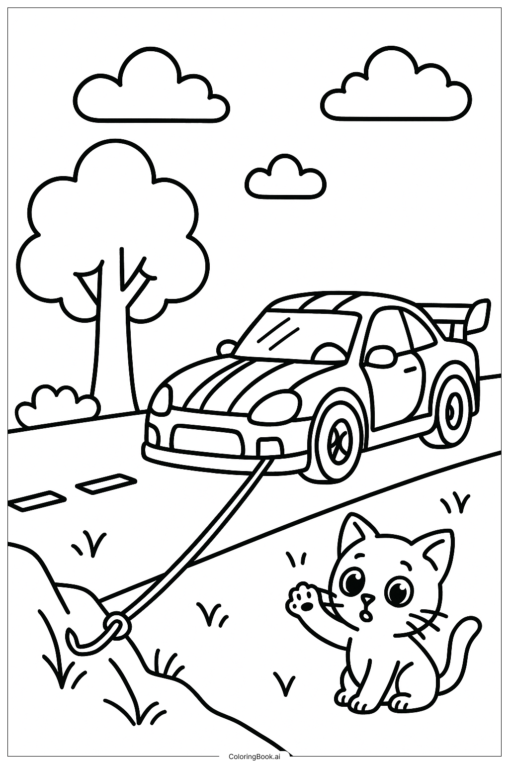 赛车救援困境小猫(故事场景)填色页