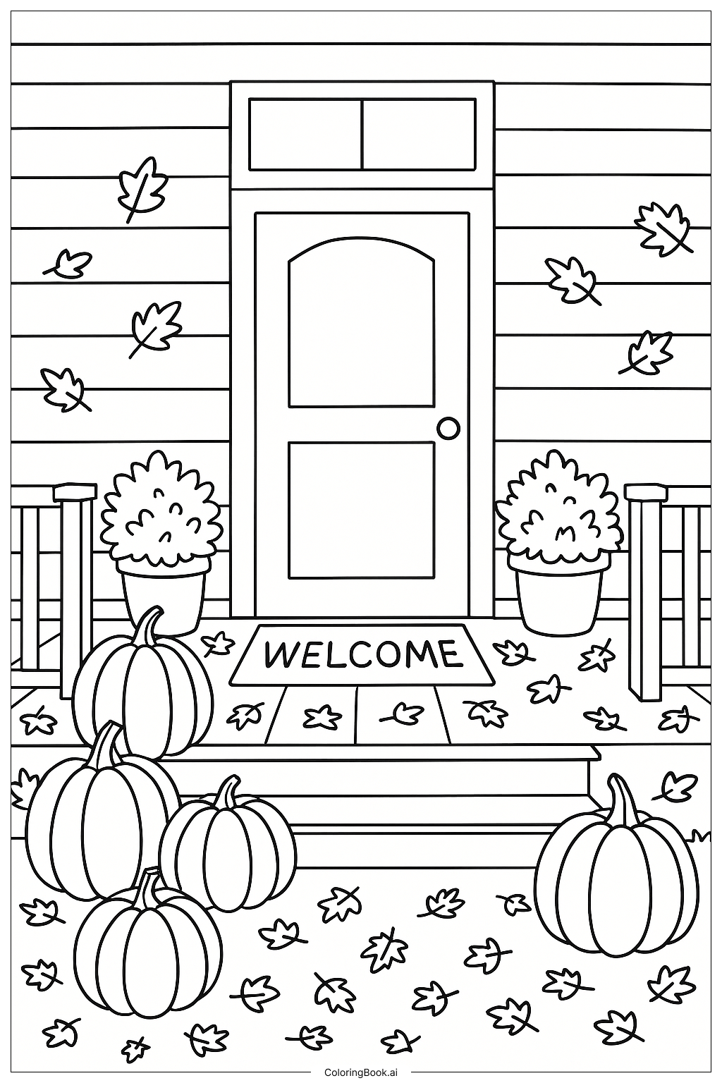  Página para colorear de Porche de Acción de Gracias con Calabazas 