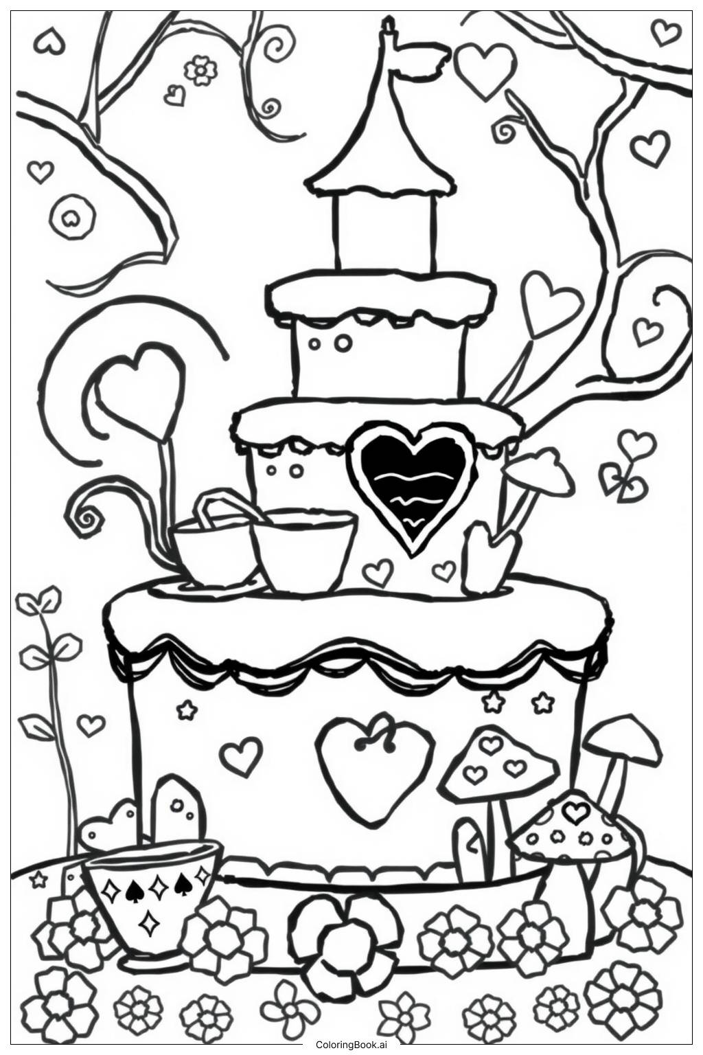  Wonderland Tea Party Cake Coloring Page 