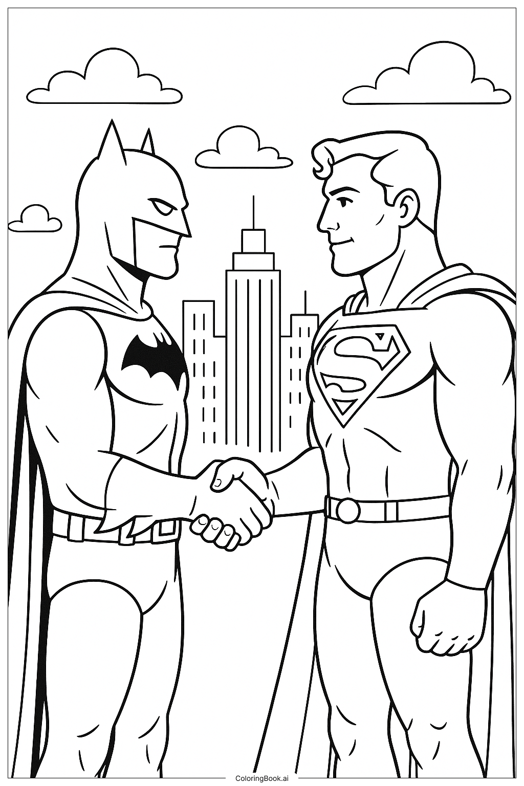  Página para colorear de Batman y Superman dándose la mano 