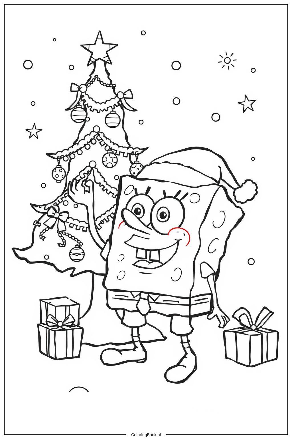  Página para colorir de SpongeBob Decorando a Árvore de Natal 