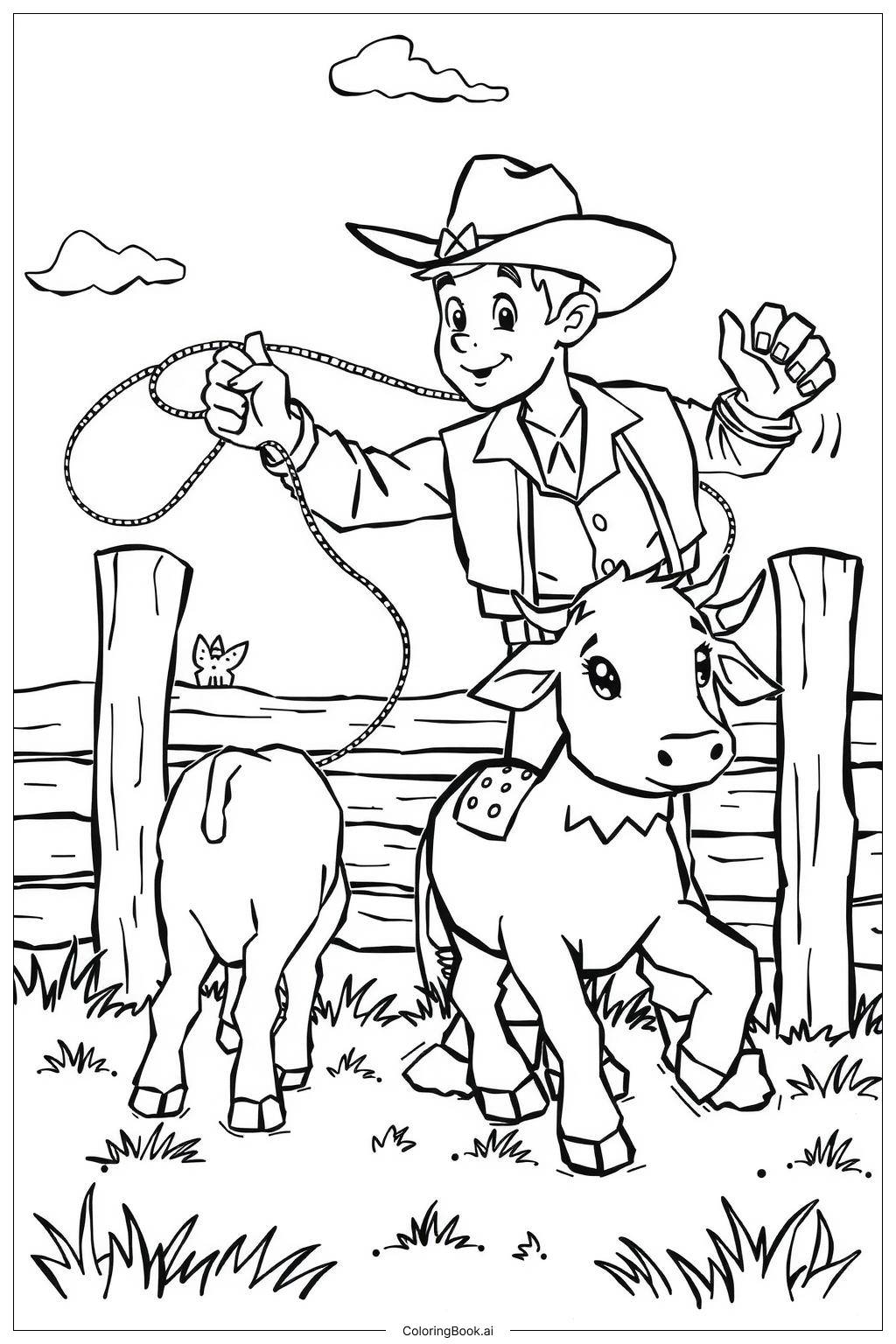  Cowboy lassoing a calf in the field Coloring Page 