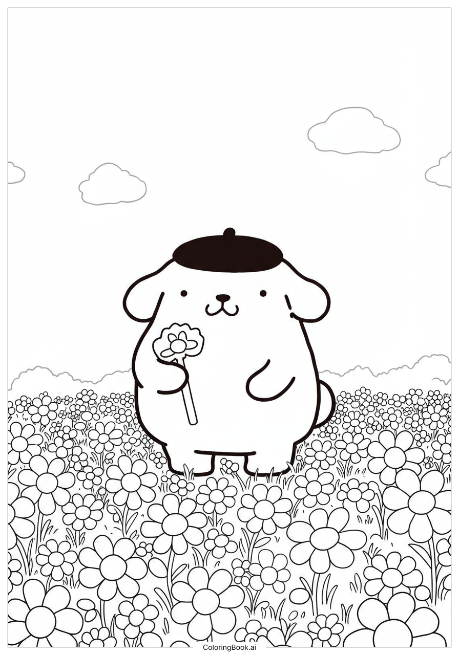 Pompompurin In Flower Field Coloring Page