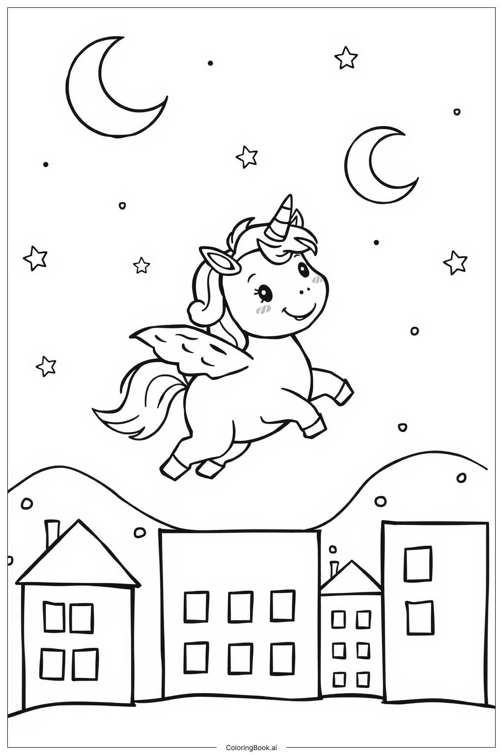  Page de coloriage licorne volant au-dessus d'une ville scintillante la nuit 