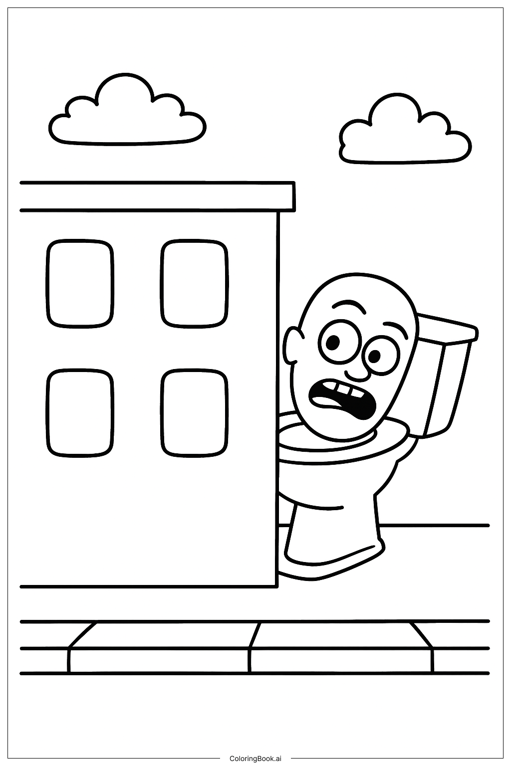  Page de coloriage Toilette Skibidi se Cache Derrière un Bâtiment 