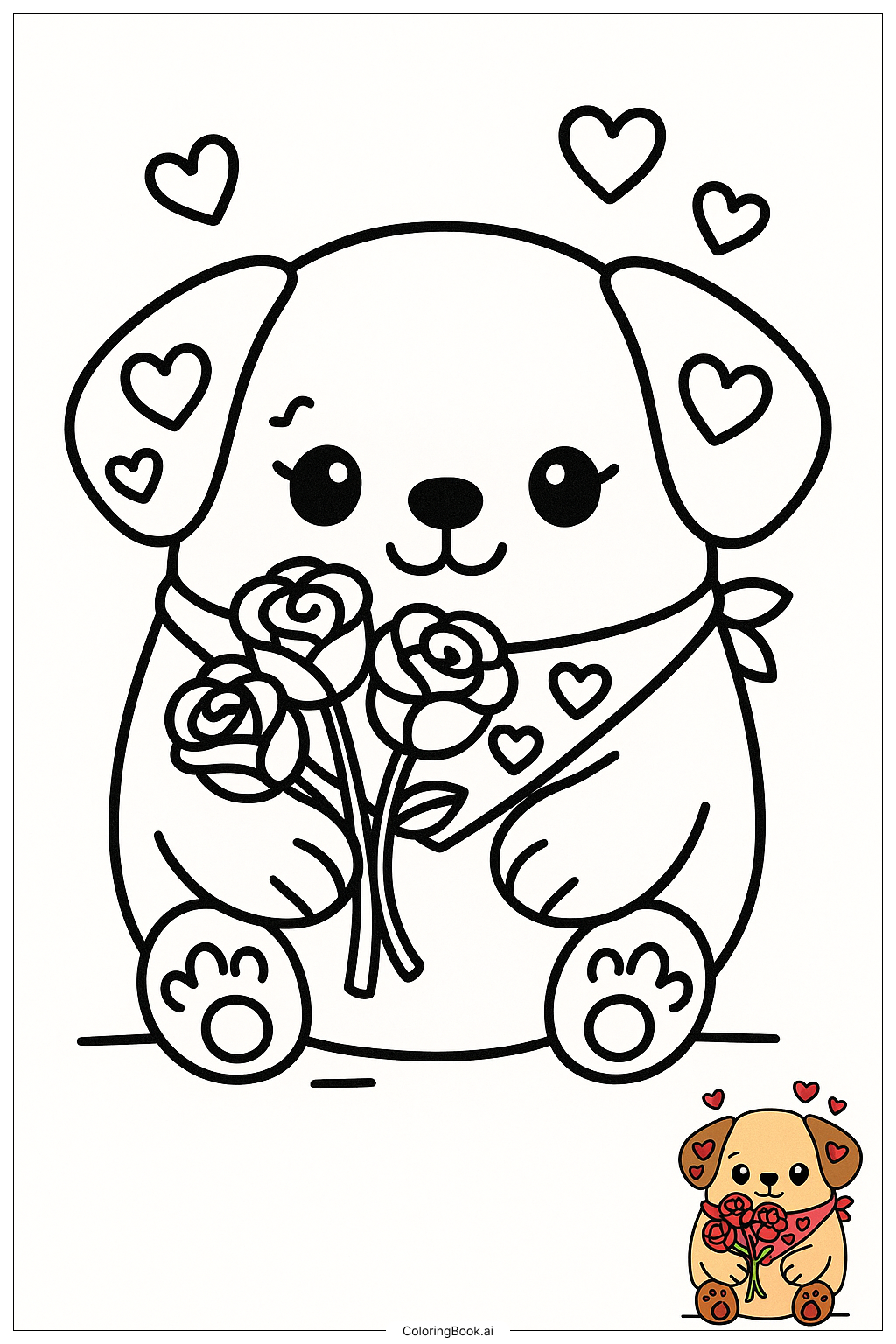  Página para colorear de Squishmallow Perrito de San Valentín Entregando Rosas 