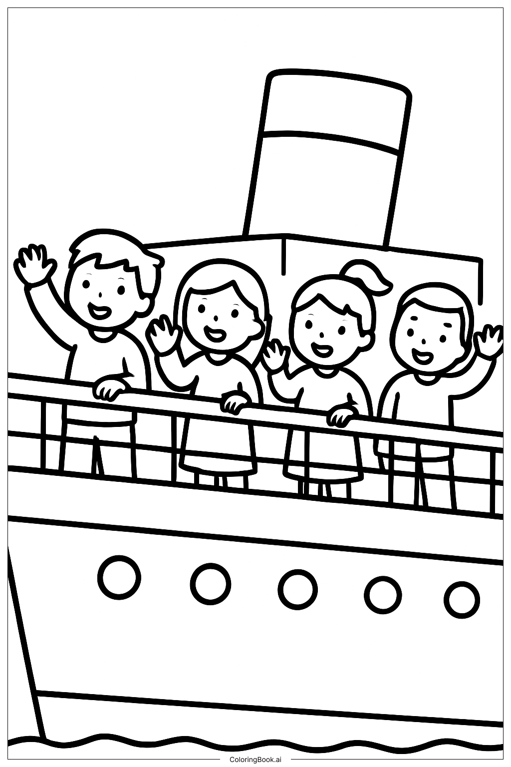 Kinder winken vom Deck der Titanic Ausmalseite