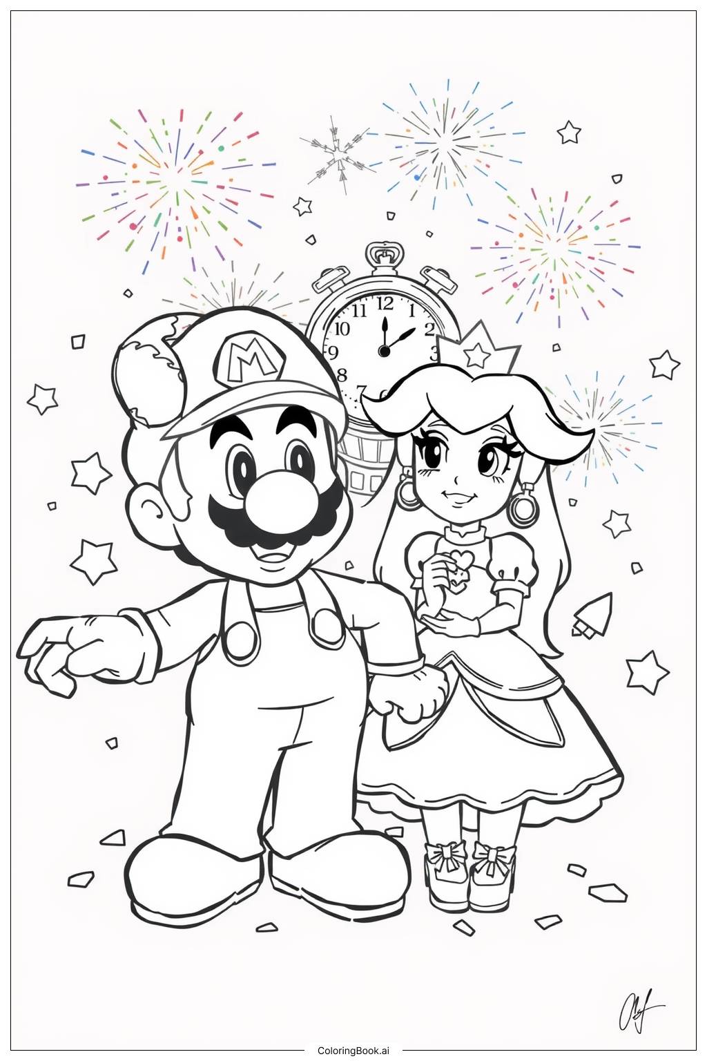  Mario und Prinzessin Peach beim Neujahr 2025 Ausmalseite 