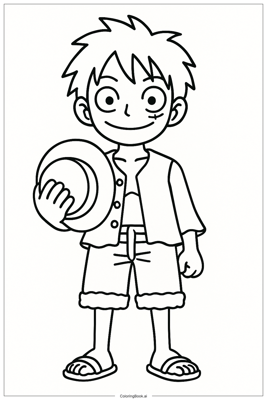  麦わら帽子を持つルフィの塗り絵ページ 
