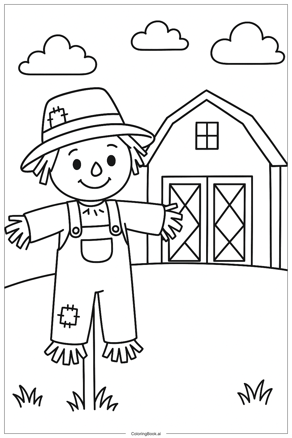 Scarecrow Standing Next To A Red Barn Coloring Page