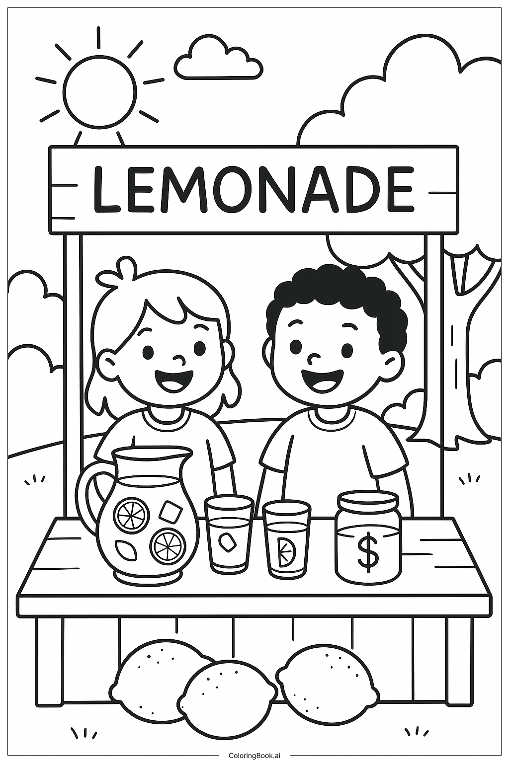  Kids Running A Summer Lemonade Stand Coloring Page 