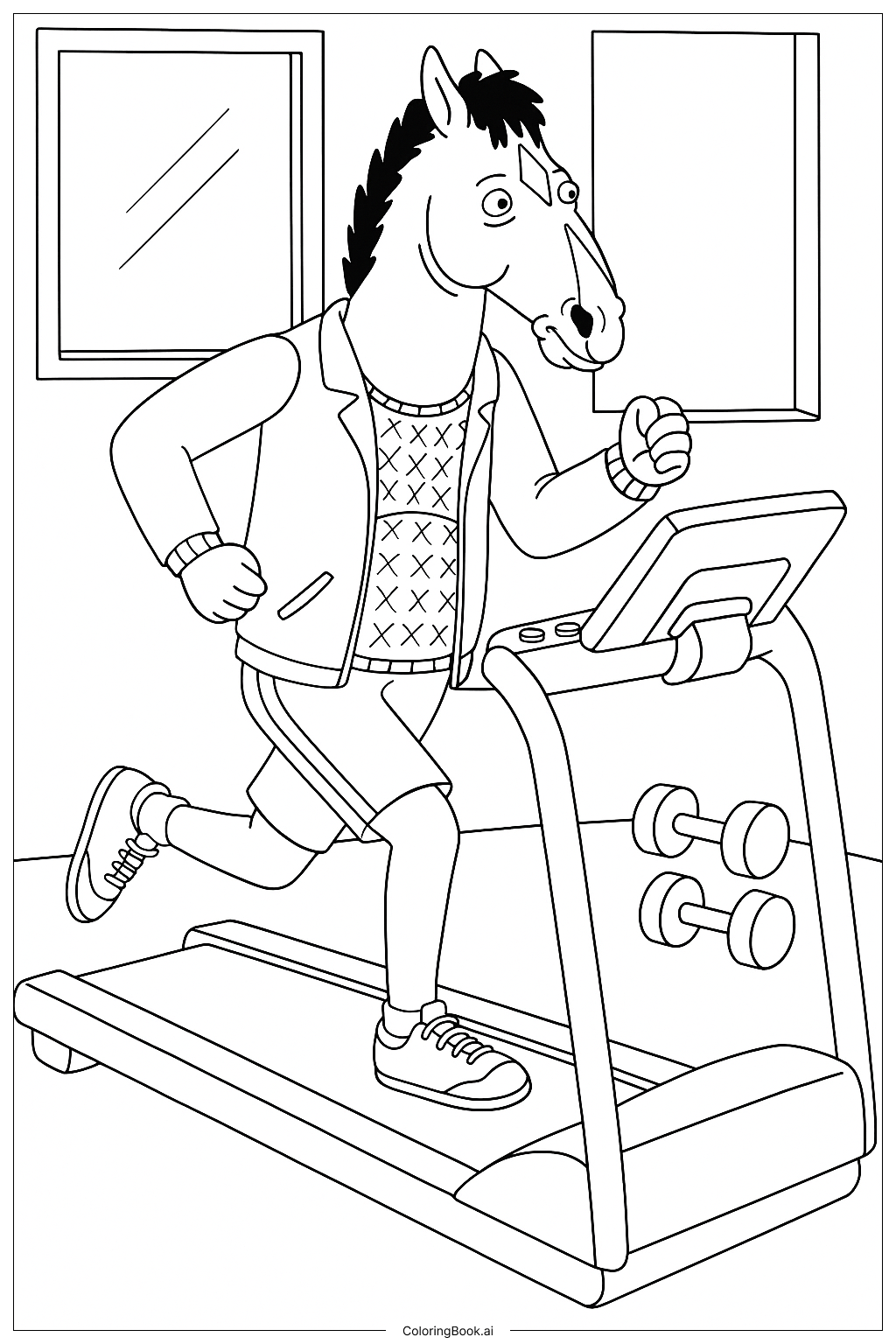  Page de coloriage Bojack Horseman courant sur un tapis de course 