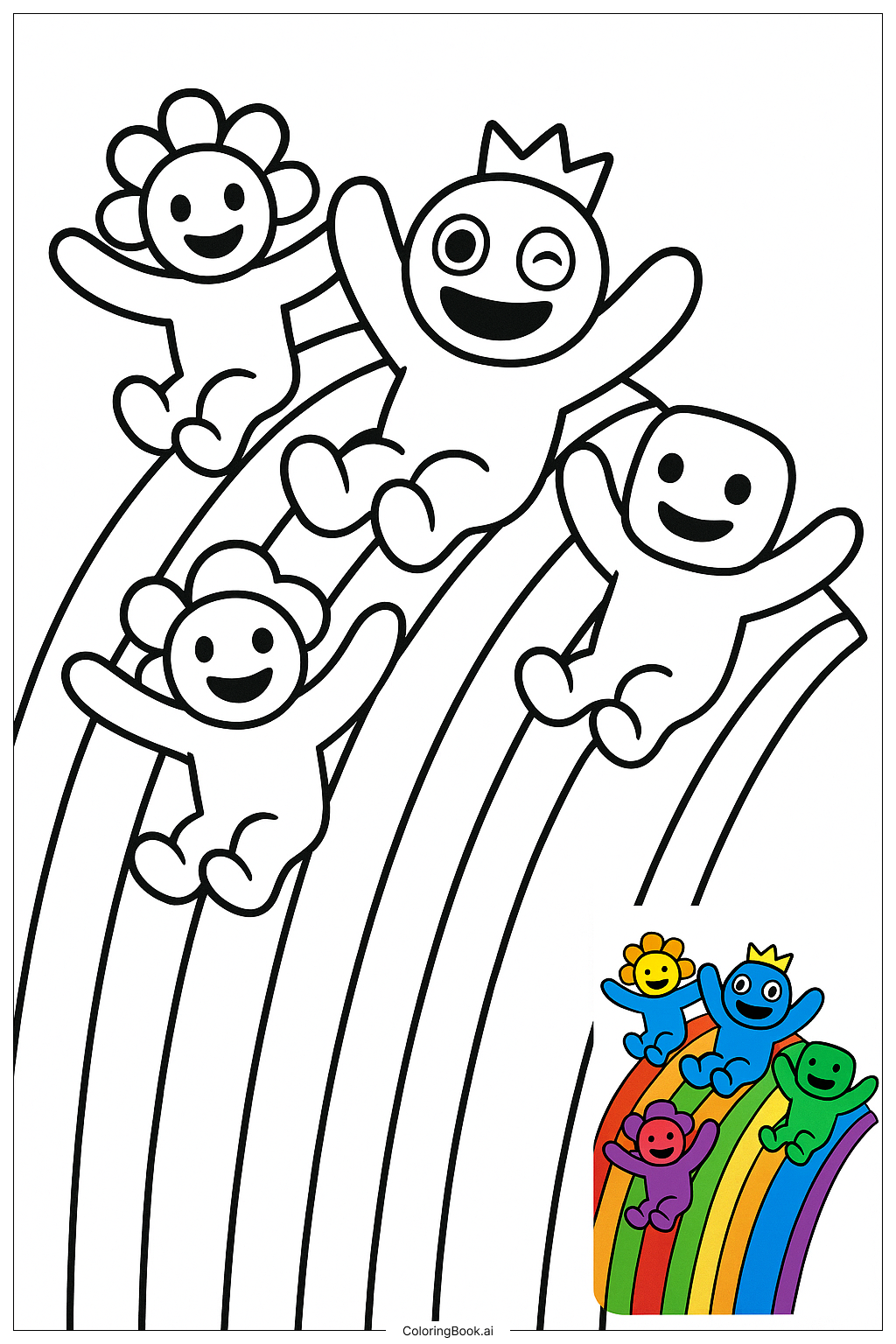  Page de coloriage Amis Arc-en-ciel glissant sur un toboggan arc-en-ciel 