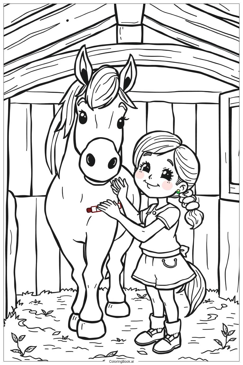  Page de coloriage Fille s'occupant de son cheval 