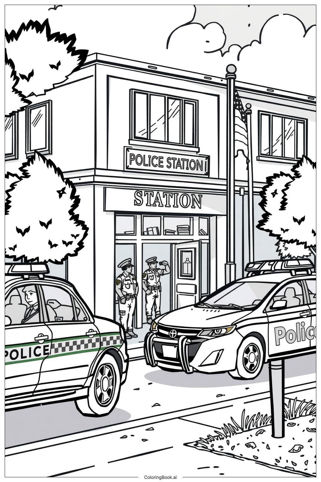  Police Scene with Multiple Vehicles Coloring Page 