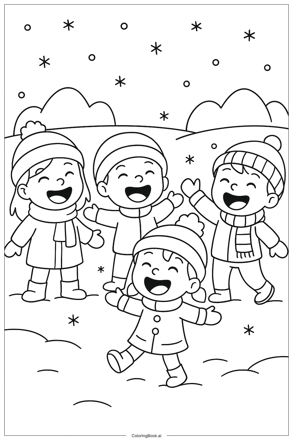  눈 오는 날 친구들 웃음 색칠공부 페이지 