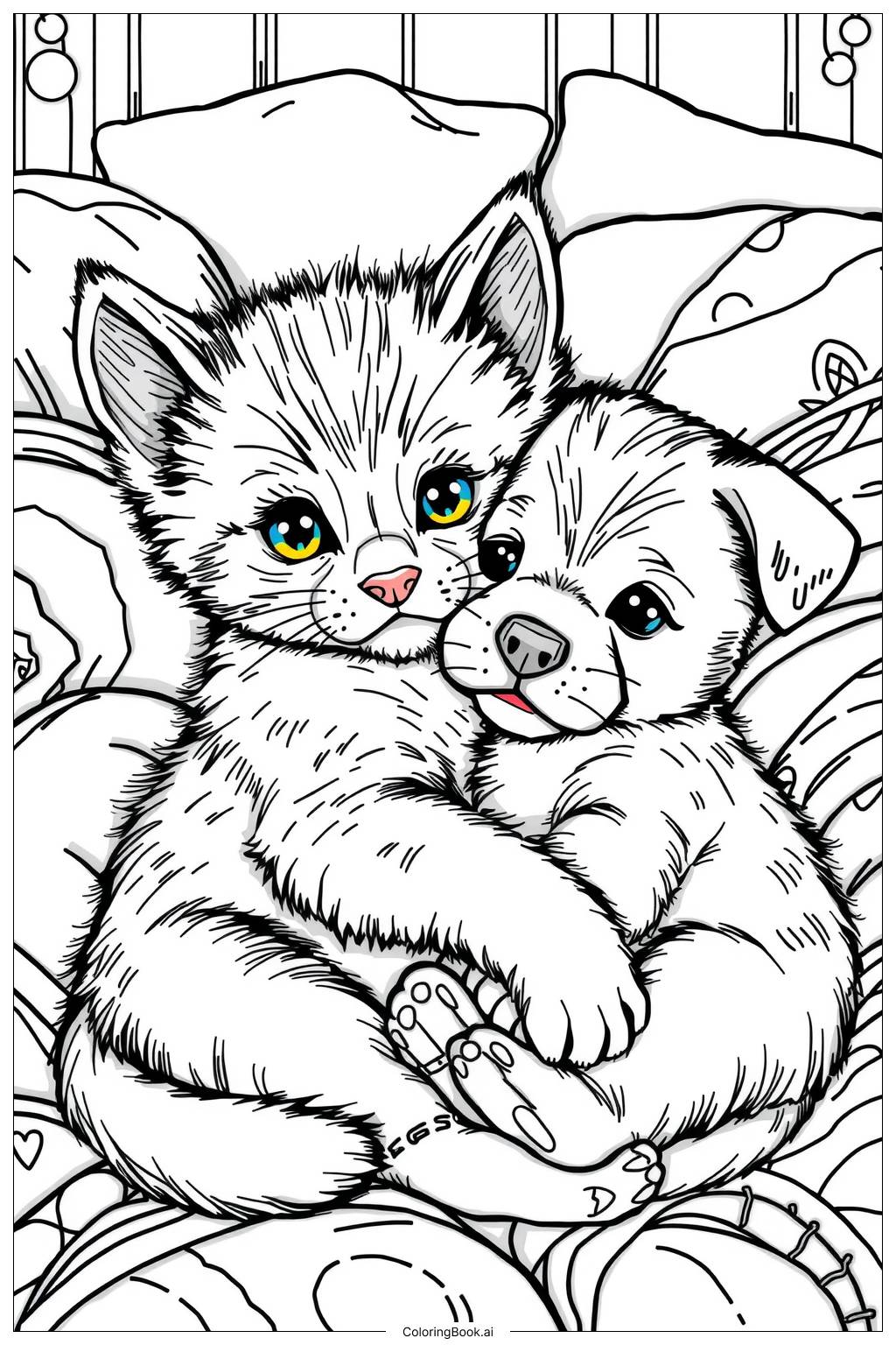  Page de coloriage Un chaton et un chiot se câlinent ensemble-2 