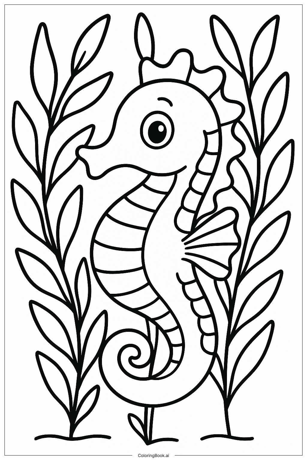 Página para colorear de Caballito de mar escondido entre algas