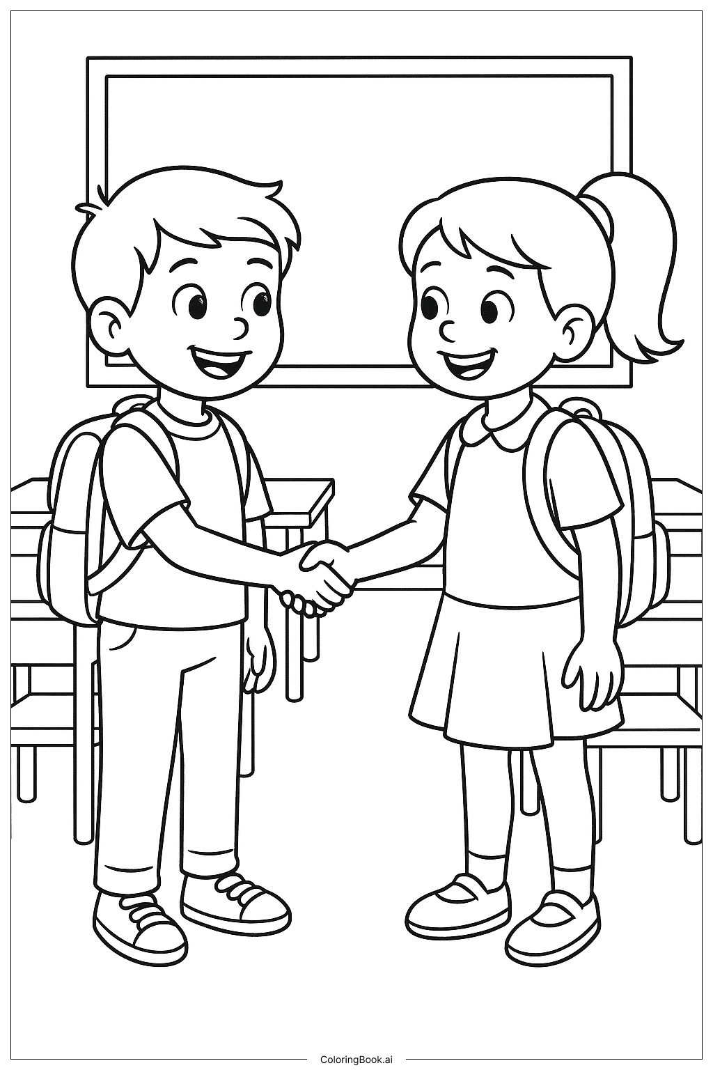  Page de coloriage Se faire un nouvel ami le premier jour d'école 