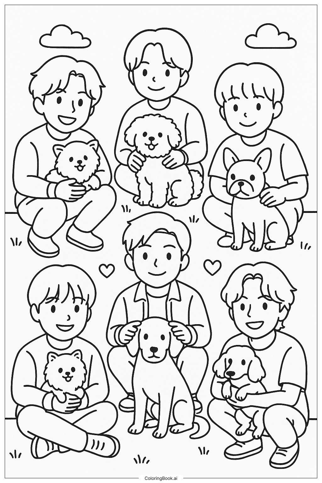 Página para colorear de BTS posando con sus perros
