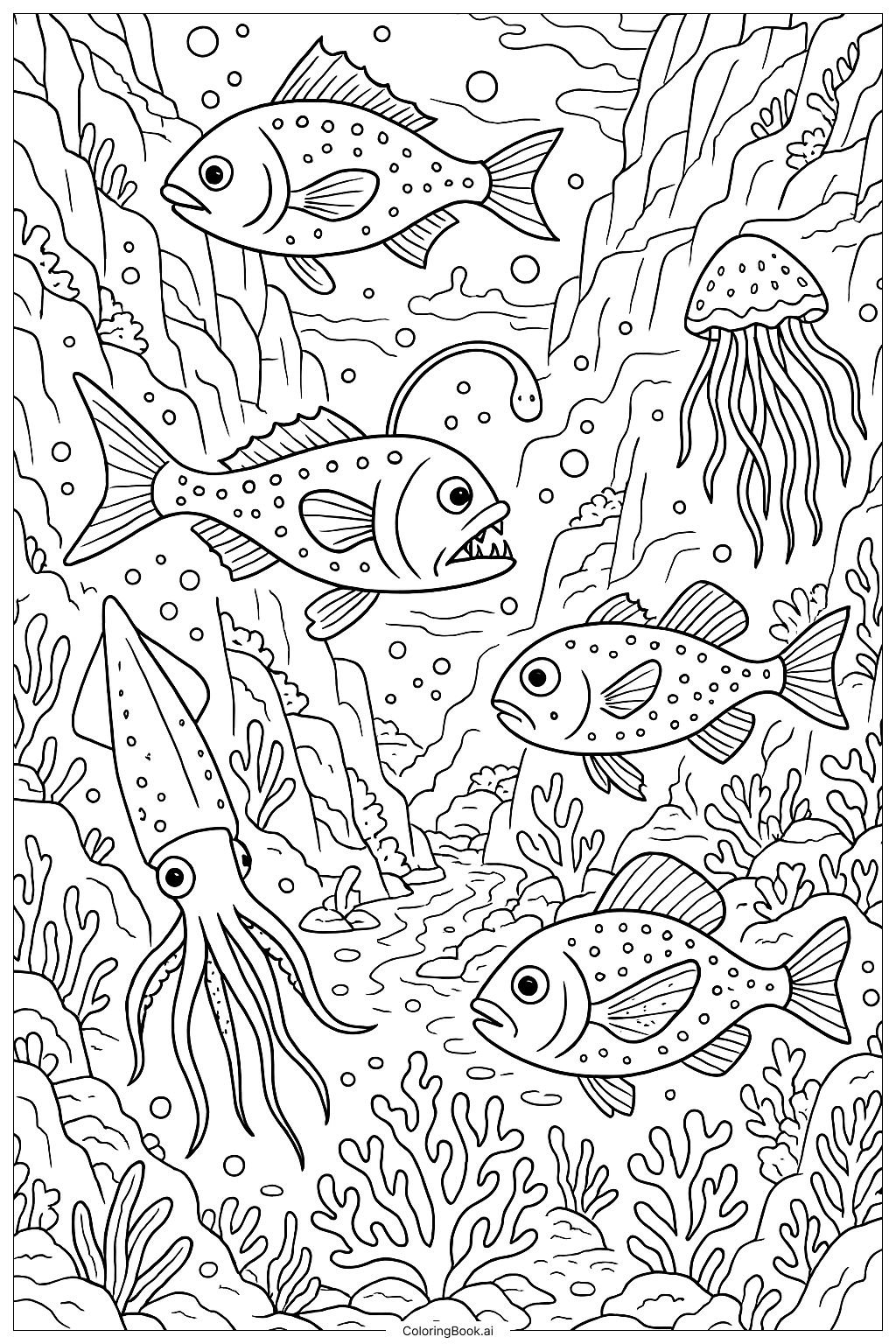  深海海沟里的发光鱼填色页 