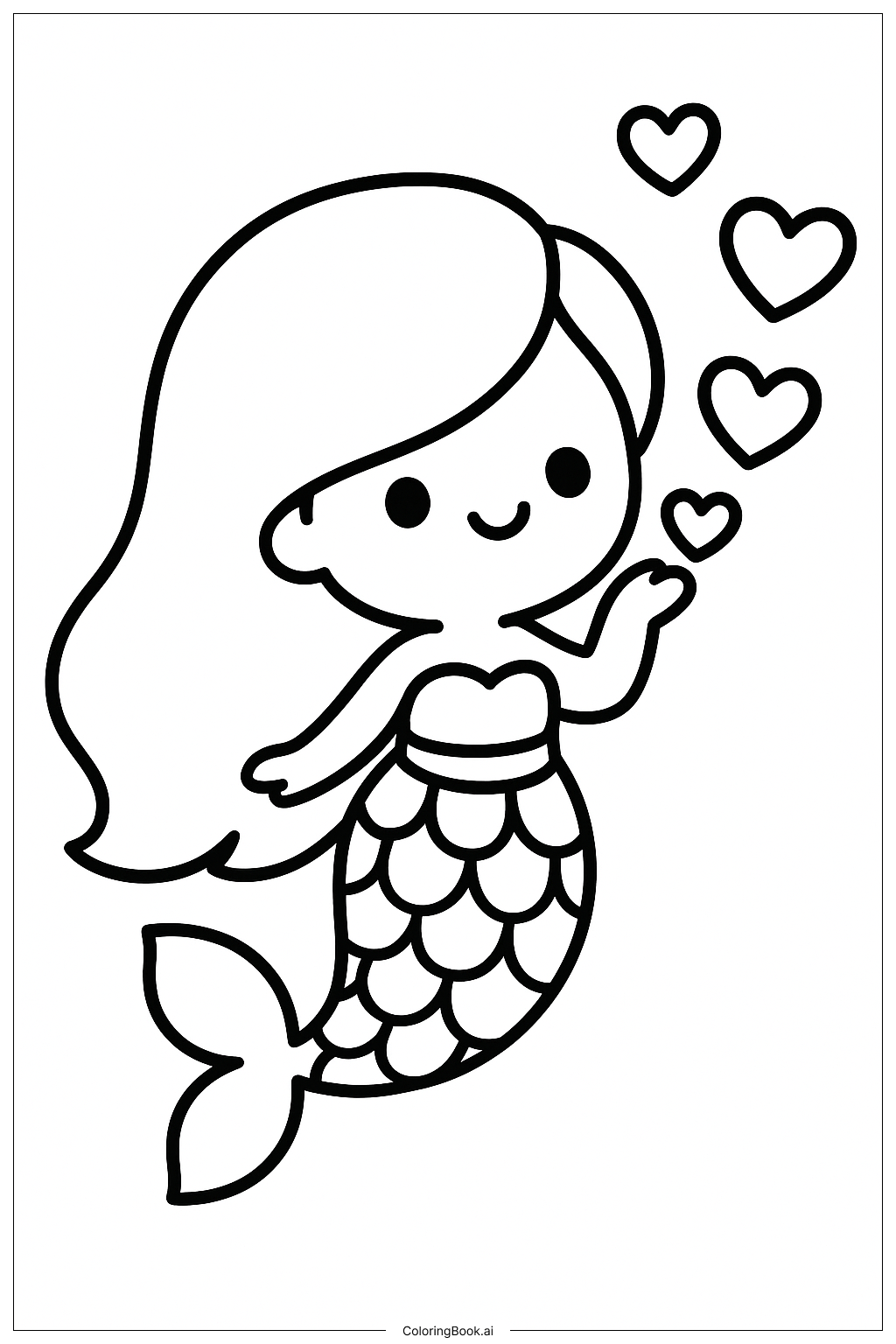  Trang tô màu Nàng tiên cá Kawaii thổi bong bóng hình trái tim 