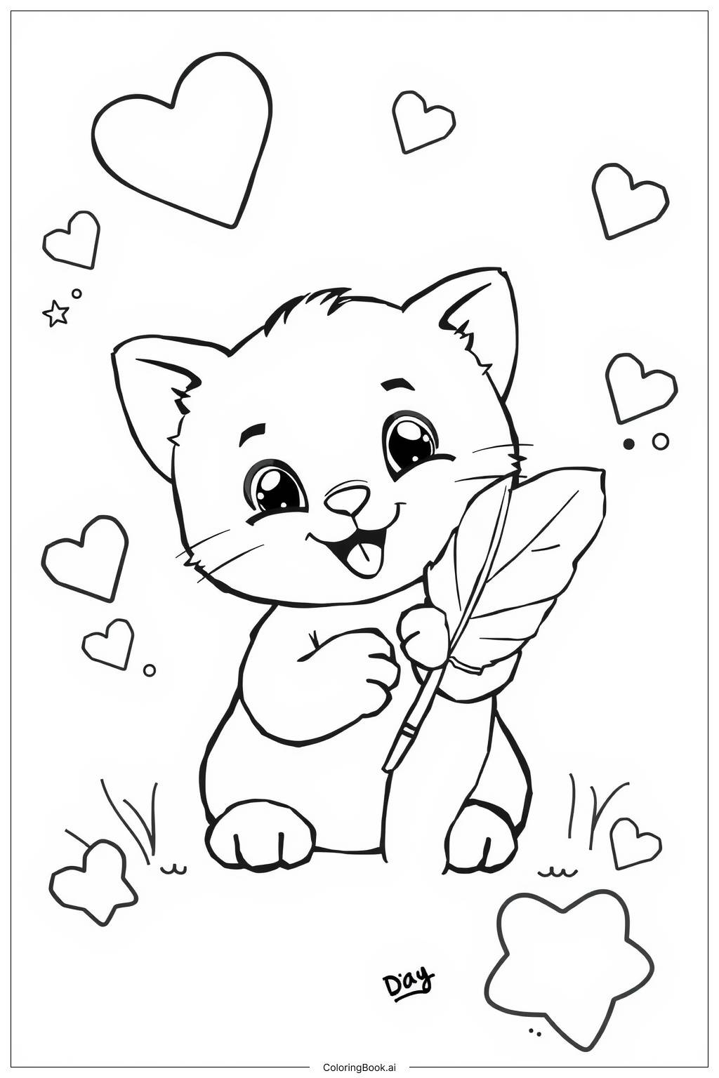  Page de coloriage Un chaton jouant avec un jouet en plume 